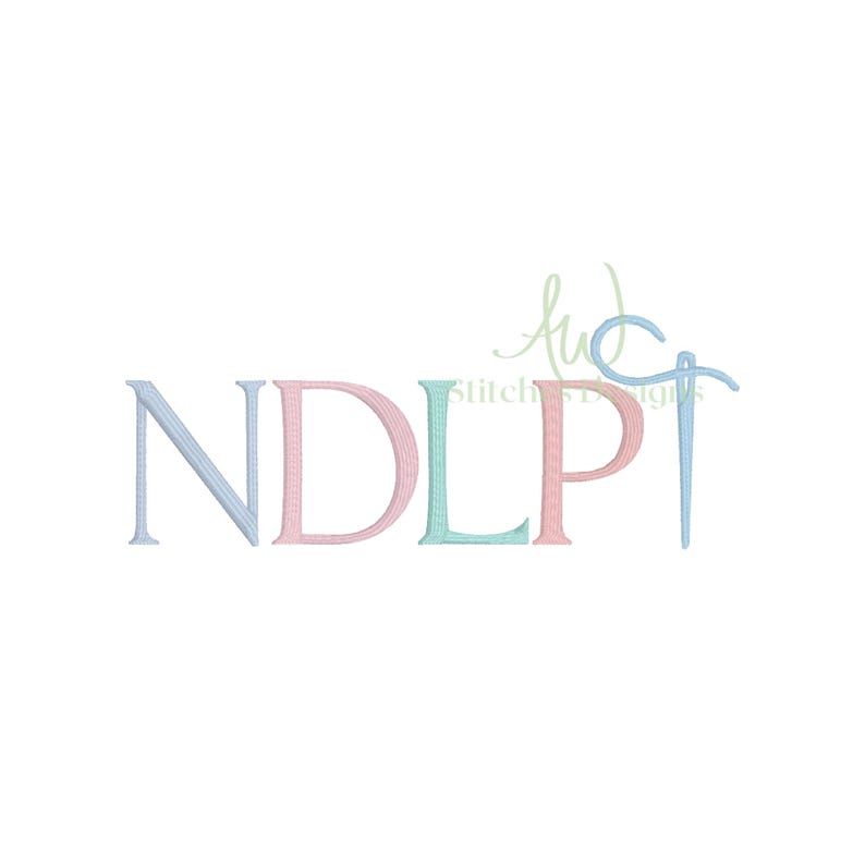 May include: A graphic design featuring the letters "NDLPT" in pastel colors: light blue, pink, and green. The letters have a stitched appearance. The words "Stitches Designs" are in a script font.