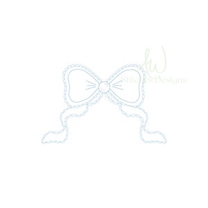 May include: A blue outline of a bow with a single button in the center. The bow has a scalloped edge and the tails are tied in a loose knot.