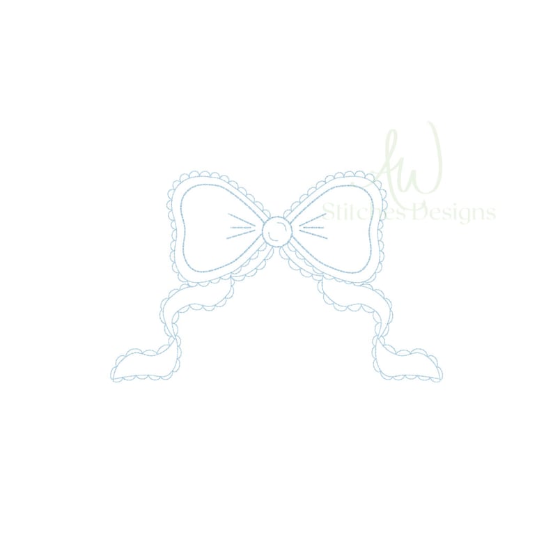 May include: A blue outline of a bow with a single button in the center. The bow has a scalloped edge and the tails are tied in a loose knot.