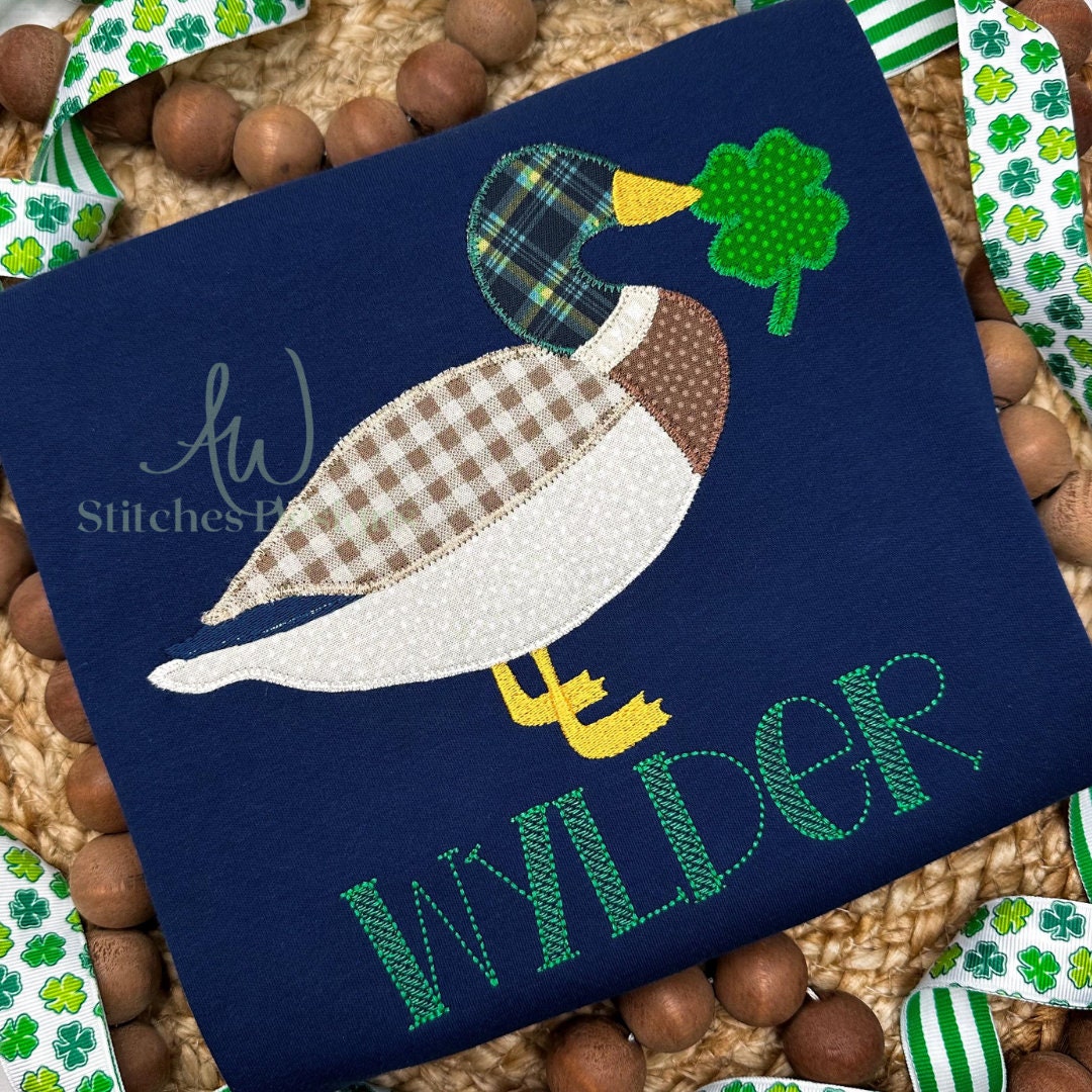 St. Patrick's Day Mallard Duck with Shamrock Zig Zag Stitch Applique Machine Embroidery Design File
