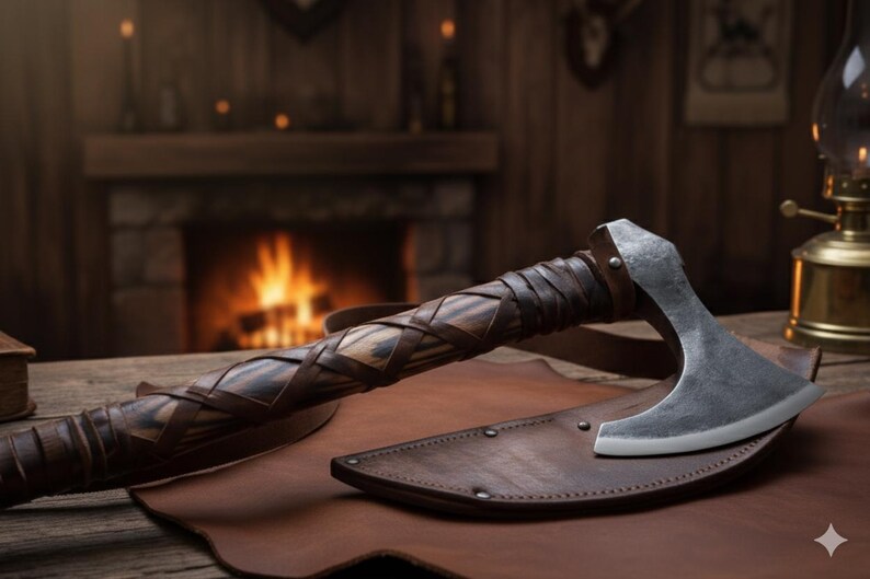 May include: A handcrafted axe with a leather-wrapped handle and a steel blade, resting on a leather sheath. The handle features a woven design. The axe is displayed on a wooden surface, suggesting a rustic or historical theme.