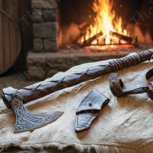 May include: A Viking-style axe with a decorative blade and a wrapped handle, alongside a leather sheath and a leather belt. The axe is displayed on a textured surface with a wooden shield in the background. A fireplace with a burning fire is in the background.