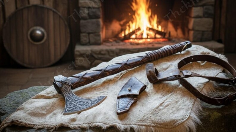 May include: A Viking-style axe with a decorative blade and a wrapped handle, alongside a leather sheath and a leather belt. The axe is displayed on a textured surface with a wooden shield in the background. A fireplace with a burning fire is in the background.