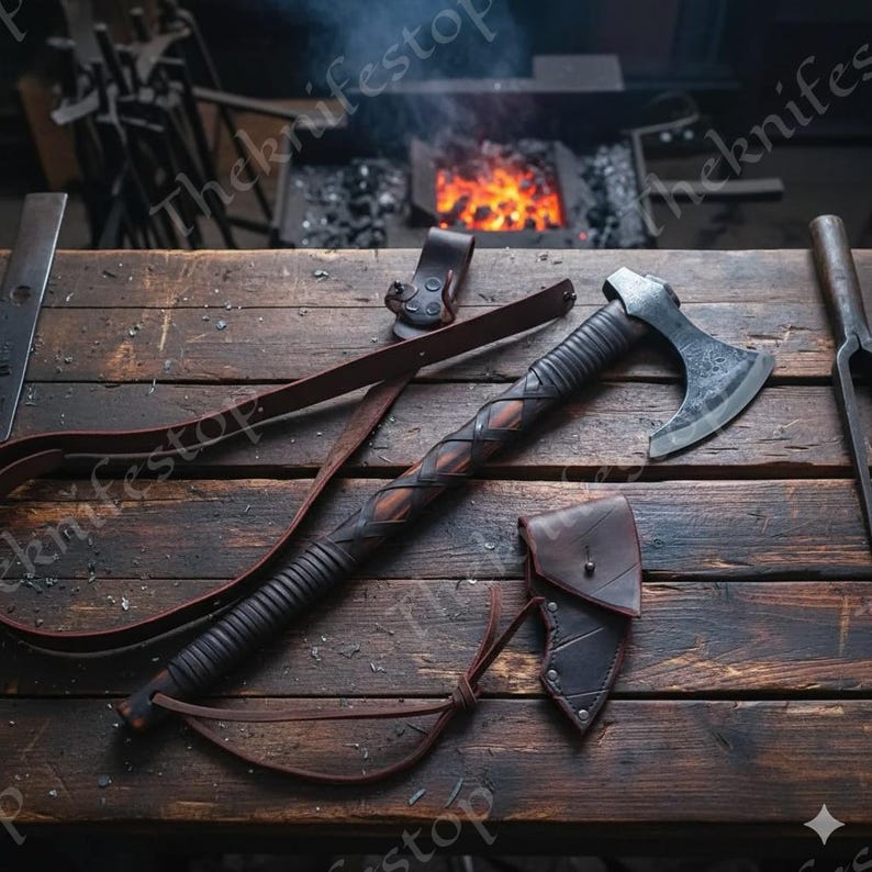 May include: A handcrafted axe with a dark wooden handle and a leather sheath. The axe head is made of metal and has a sharp blade. The handle is wrapped with leather and has a braided design. The axe is lying on a wooden surface.