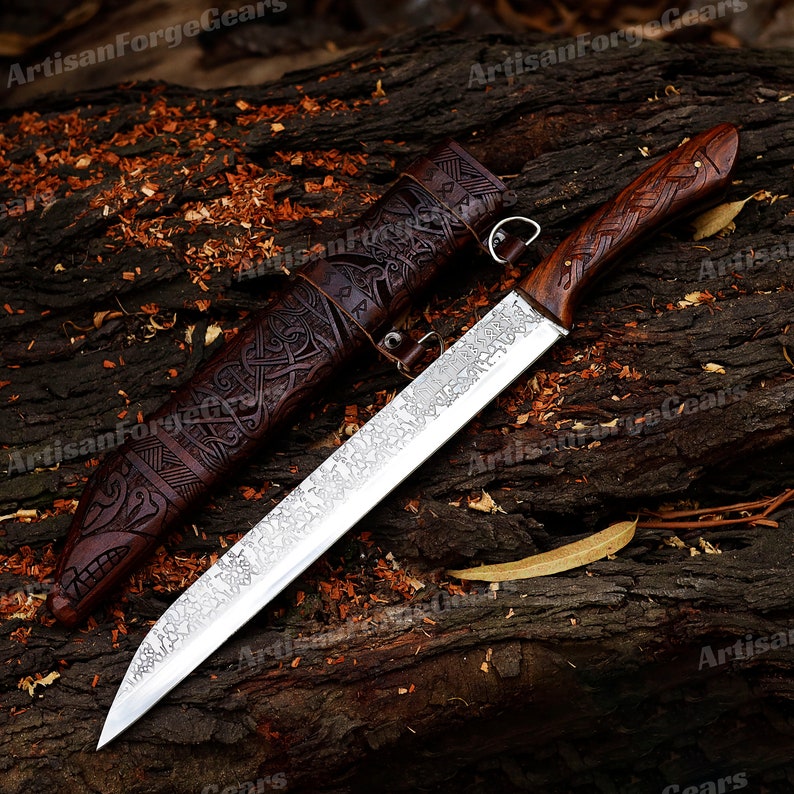 Hand Forged Viking Seax Knife with Carved Wooden Scabbard | Unique Viking Gift for Men, Anniversary Gift, Gifts for Him, Christmas Gift