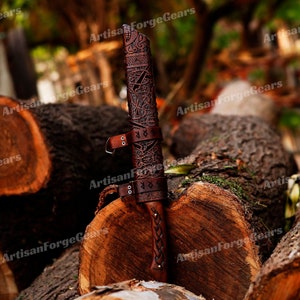 Personalized Hand Forged Viking Seax Knife | Norse Knife with Carved Wooden Scabbard | Viking Gift for Him | Norse Decor | Father’s Day Gift image 6