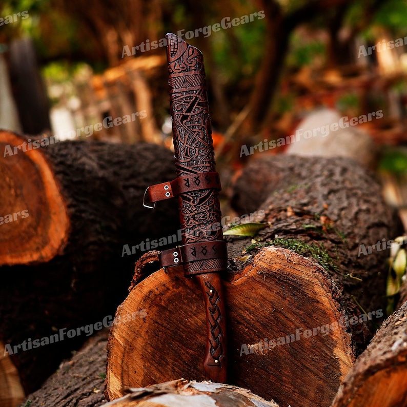 Personalized Hand Forged Viking Seax Knife | Norse Knife with Carved Wooden Scabbard | Viking Gift for Him | Norse Decor | Father’s Day Gift image 6