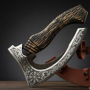 May include: A handcrafted axe with a wooden handle and a silver-colored blade. The blade features intricate engraved designs and a symbol. The axe is displayed with a brown leather sheath, showcasing a blend of craftsmanship and functionality.