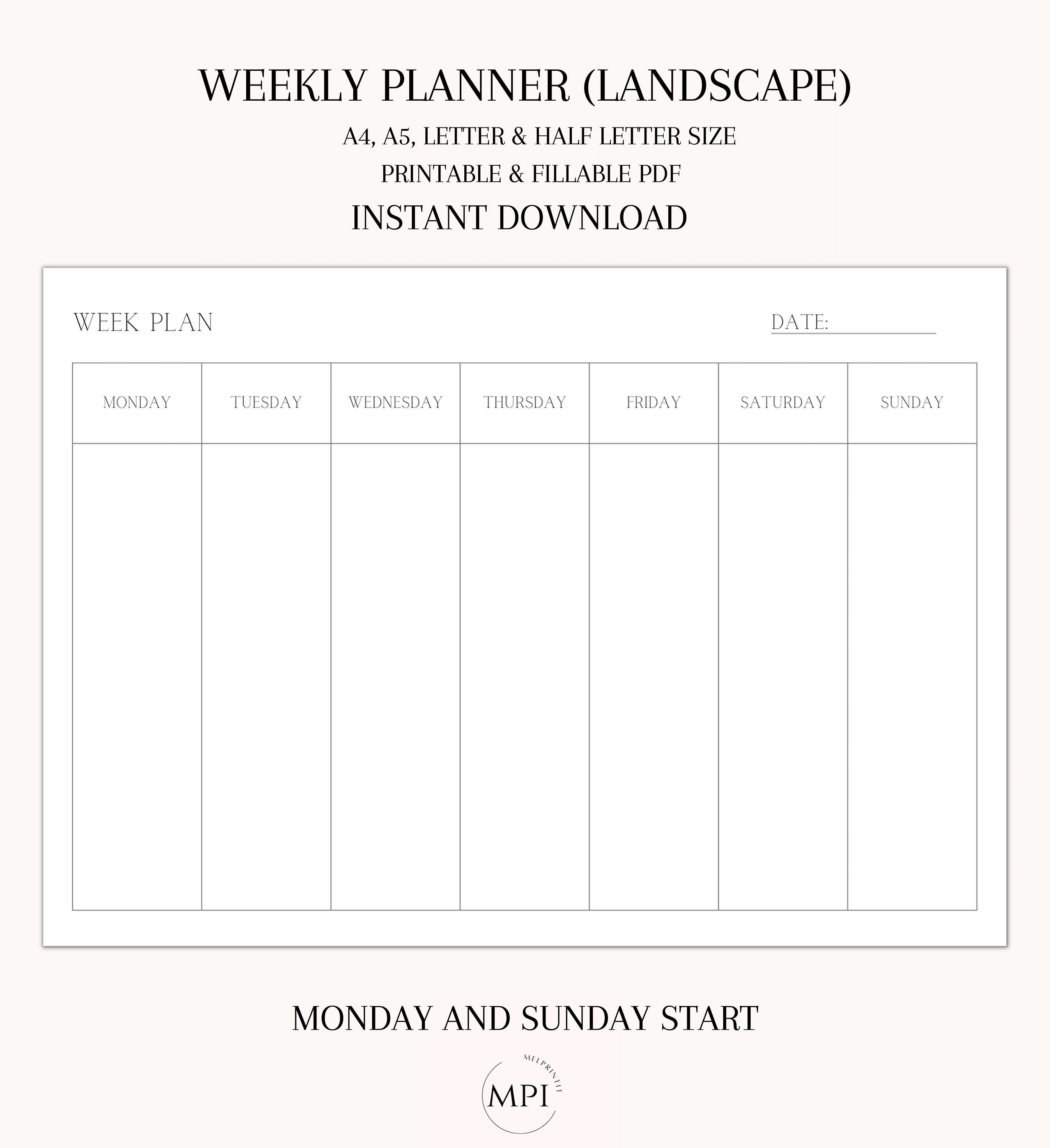 Printable One Page Weekly Planner Landscape, A4/a5/letter/half Letter ...