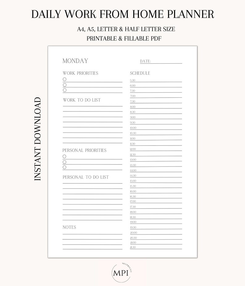 Daily Work From Home Printable Planner, One Page Planner, Productivity