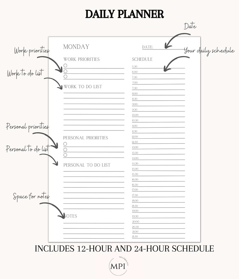 Daily Work From Home Printable Planner, One Page Planner, Productivity