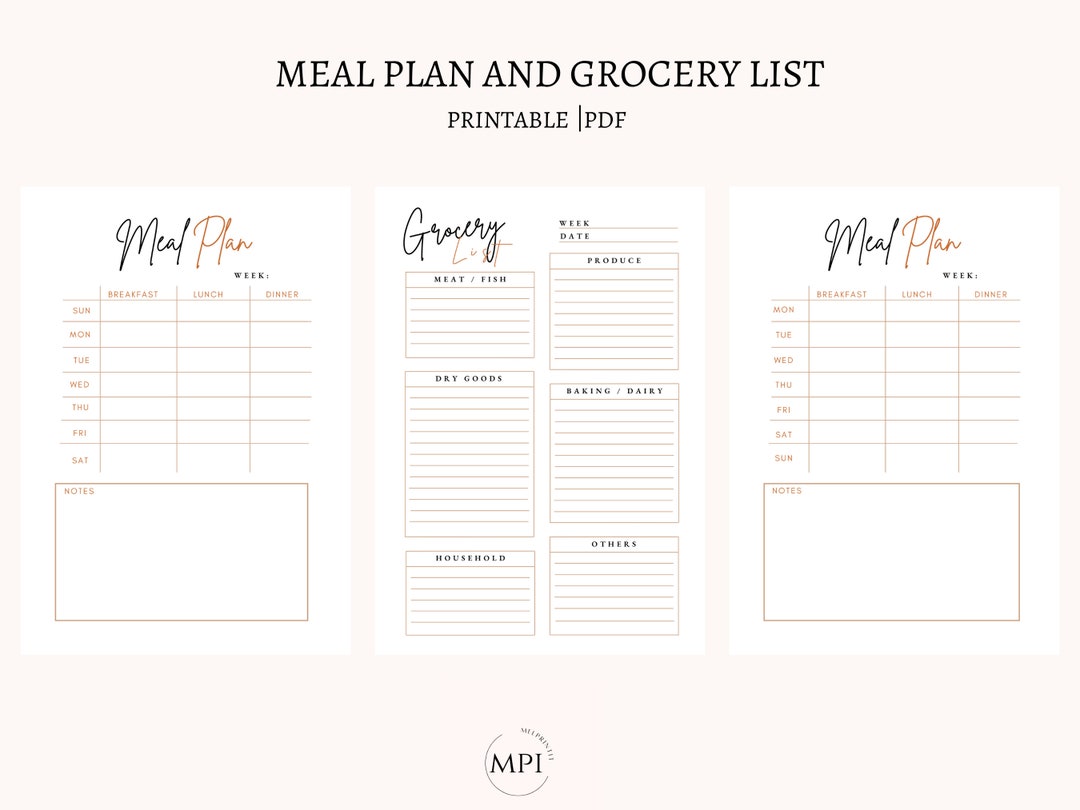 Meal Plan and Grocery List, Printable Planner, Week Meal Plan, Grocery