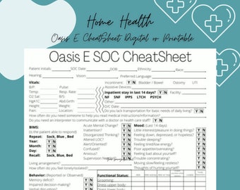 Oasis E Cheatsheet - Oasis Home Health Nurse | Template | Nurse Brain | Skilled Nurse Visit | Nurse Form | Nurse planner | SOC | OASIS e