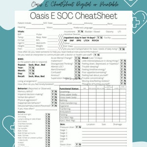 May include: A black and white printable checklist for home health nurses. The checklist includes sections for patient initials, vital signs, behavior, mobility, functional status, and skin. The checklist is titled "Oasis E SOC CheatSheet".