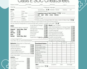 May include: A black and white printable checklist for home health nurses. The checklist includes sections for patient initials, vital signs, behaviour, mobility, functional status, and skin. The checklist is titled "Oasis E SOC CheatSheet".