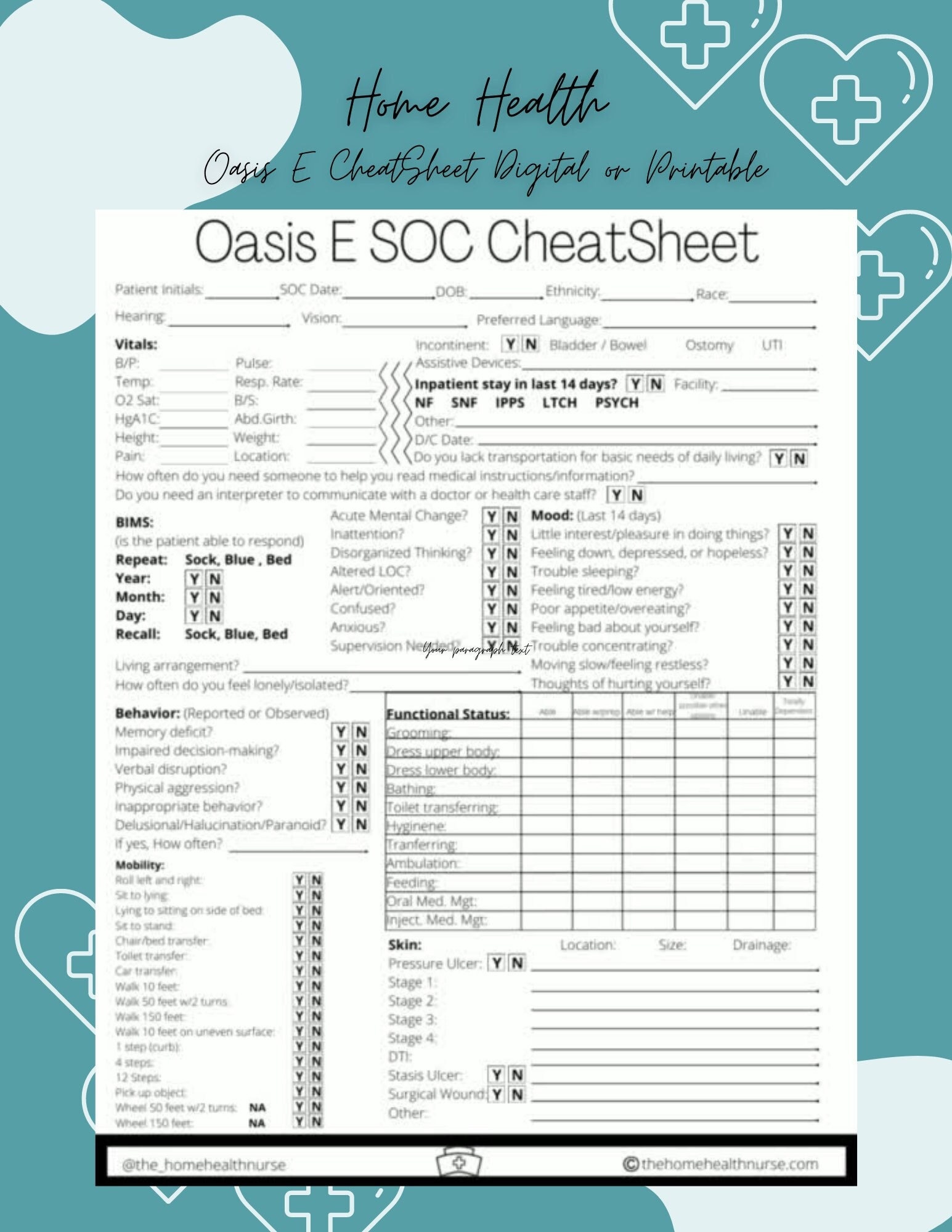 Oasis E Cheatsheet Oasis Home Health Nurse Template Etsy