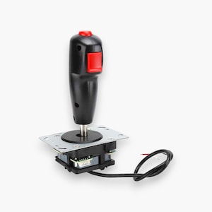 May include: Black joystick with a red button on top and a red button on the side. The joystick is mounted on a metal base with a black wire attached. The joystick is designed for use in arcade games or industrial applications.