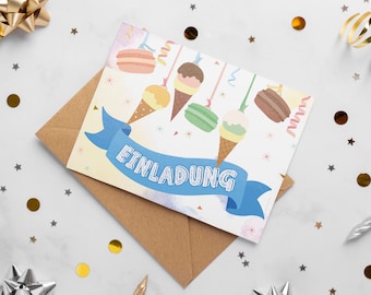 Einladungskarten zum Kindergeburtstag - Macarons und Eis - DIN A6