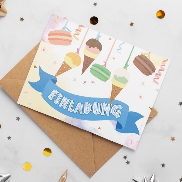 Einladungskarten zum Kindergeburtstag - Macarons und Eis - DIN A6