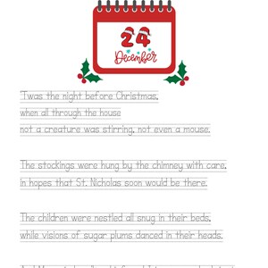 May include: A handwritten page of the classic Christmas poem 'Twas the Night Before Christmas'. The page features a red calendar with the date '24 December' and a holly sprig.
