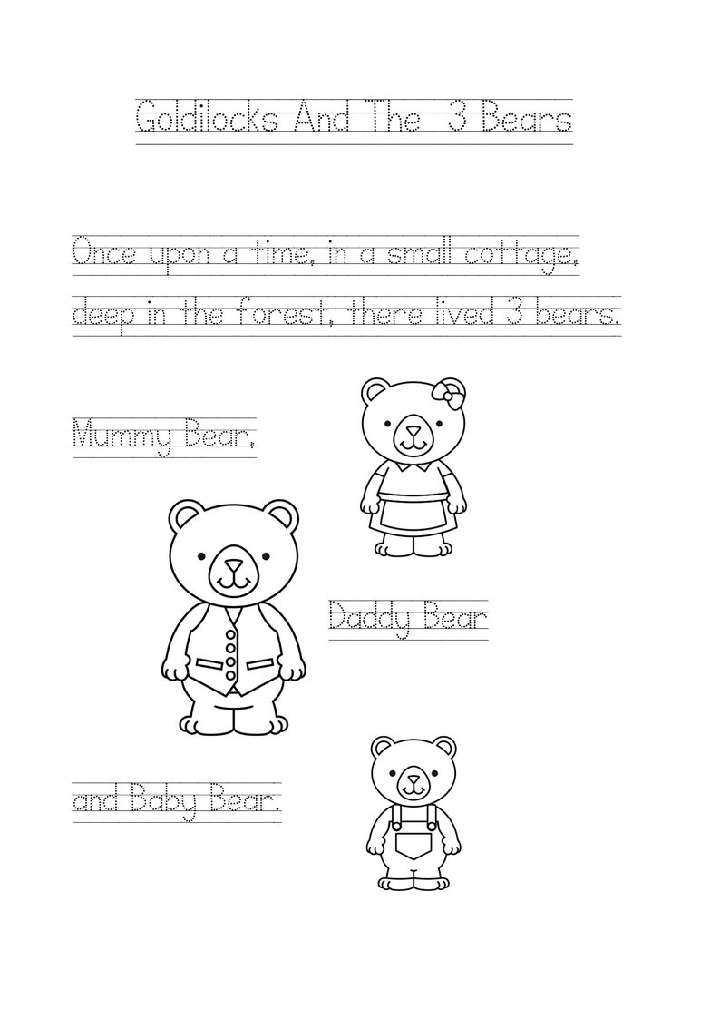 Goldilocks & the 3 Bears Printable Handwriting Practice Coloring
