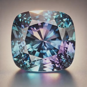 Può includere: Una gemma taglio cuscino con un design sfaccettato complesso. La gemma mostra una miscela di colori, tra cui sfumature di blu, verde acqua e viola. Le sfaccettature riflettono la luce, creando un effetto scintillante.