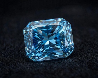 Könnte beinhalten: Ein strahlender, rechteckig geschliffener, hellblauer Edelstein. Die Facetten des Edelsteins reflektieren das Licht und erzeugen ein brillantes Funkeln vor dunklem Hintergrund. Der Edelstein hat eine rechteckige Form mit abgeschrägten Ecken.