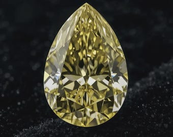 May include: A pear-shaped, yellow diamond with a brilliant cut. The gemstone is set against a dark, textured background, highlighting its facets and internal reflections. The diamond's color ranges from light to deep yellow.