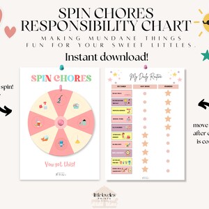 Puede incluir: Un gráfico de tareas imprimibles para niños con una rueda giratoria rosa y amarilla con tareas enumeradas alrededor del borde y un gráfico de rutina diaria rosa y amarilla con estrellas para marcar las tareas completadas. El texto en la rueda giratoria dice "Spin Chores" y "You got this!" El texto en el gráfico de rutina diaria dice "My Daily Routine".