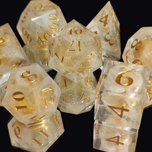 Liquid core paladin dice set - DnD Dice Sharp edge dice dungeons and dragons resin dice set RPG dnd dice handmade d20 dice d & d gold white