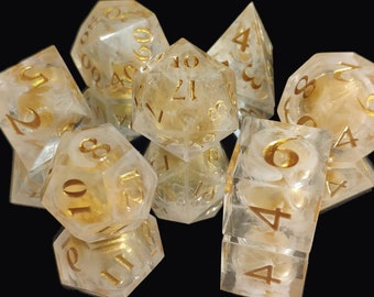 Liquid core paladin dice set - DnD Dice Sharp edge dice dungeons and dragons resin dice set RPG dnd dice handmade d20 dice d & d gold white