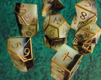 Gold and green smoke dice - resin dice set DnD Dice Sharp edge dice dungeons and dragons resin dice set RPG dnd dice handmade d20 dice d & d