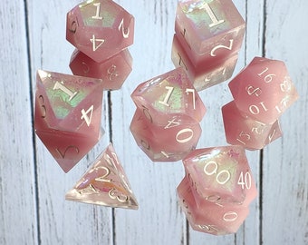 Holographic dice rose gold- resin dice set DnD Dice Sharp edge dice dungeons and dragons resin dice set RPG dnd dice handmade d20 dice d & d