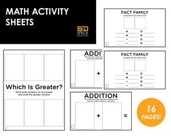 Puede incluir: Hojas de actividades de matemáticas con problemas de suma, familias de operaciones y "¿Cuál es mayor?". El título "MATH ACTIVITY SHEETS" está en blanco sobre un fondo negro. Un gráfico circular naranja indica "16 PAGES!"