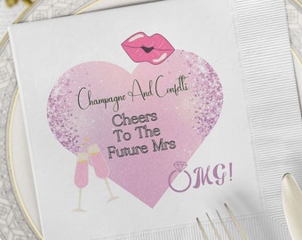 Bachelorette Champagne And Confetti Party Napkins, Bachelorettes Glitter Look Cocktail Napkins, Cheers To The Future Mrs Bach Party Favors