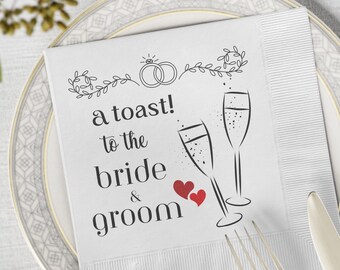 A Toast To The Bride and Groom Wedding Reception White Coined Napkins, Champagne and Hearts Wedding Party Cocktail Napkins