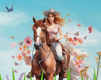 Young Girl Riding Horse In Field Of Flowers 14 X 14 Matte Canvas, Horse Lover Wall Art, Horse Theme Home Decor