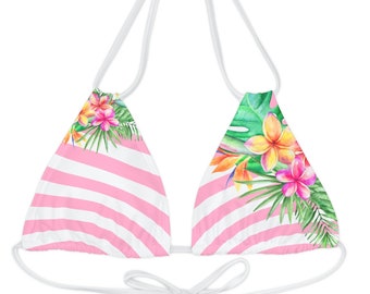 Pink and White Stripes Tropical String Bikini, Strappy Bikini Top With Tropical Flowers and Pink Stripes, Pink and White Two Piece Swimsuit