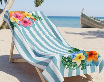 Blue and White Striped Beach Towel With Tropical Flowers, Beach Towel Matching Bikini With Flowers and Blue Stripes, Large Beach Towel