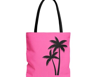 Hot Pink Tote Bag With Black Silhouette Palm Trees, Matching Bag For Bikini Set, Hot Pink Bag With Black Accents, Large 18 X 18 Inch Bag