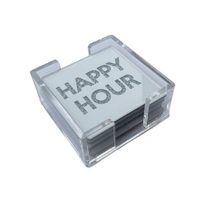 Acrylic &quot;Happy Hour&quot; Coaster Set , Acrylic Home Decor, Acrylic Bar Decor, Luxury Gifts, Personalize Cusomize Your Own