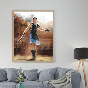 May include: A painting of a gladiator in a blue and brown costume, holding a sword and standing in a coliseum. The gladiator is looking to the right and has a determined expression on his face.