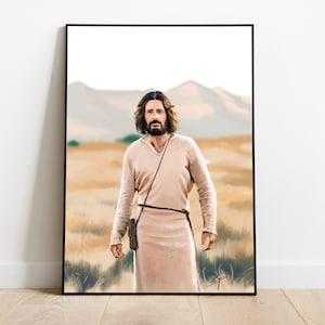 Jesus portrait from The Chosen, wall mural and poster, hand painted, instant download, soft beige colors. Christian home. Bible.