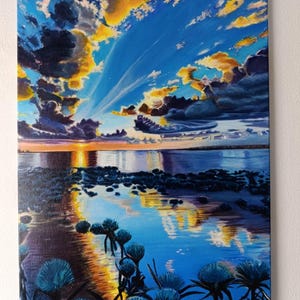 Beautiful Clouds With Watercolor Blue Water  Sunset  Landscape Painting Seascape  Original oil Art Handmade Gift 19,5x26,5 inch Canvas