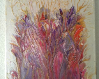 Pintura abstrata  acrílica Flores Perola Violeta Dourado Vermelho em Tela Moderno Fluid arte Decoração para casa