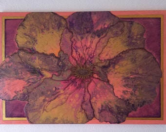 Quadro Flore Abstrata Grande Bonita  Pintura  acrílica em tela fluid arte Rosa Violeta Dourado Pesa única Decoração paredes. 40x60x1,5.