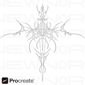May include: A black and white line art design of a stylised sword with intricate details. The design is symmetrical and features a sharp point at the top and a curved handle.