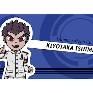 May include: A cartoon illustration of a character with purple hair and red eyes wearing a white uniform with gold buttons and a red badge. The character is pointing with their right hand and has a determined expression. The text "Ultimate Moral Compass KIYOTAKA ISHIMARU" is in the background.