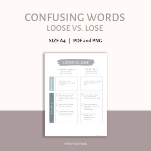 May include: A gray and white printable worksheet with the words "Loose vs. Lose" in a large font. The worksheet explains the difference between the words "loose" and "lose" with examples. The worksheet is designed to help people learn the difference between these two commonly confused words.