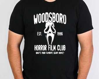 Woodsboro Horror Film Club T Shirt – Funny Scary Movie Scream Tee, Ghost Face Shirt, Horror Fan Gift